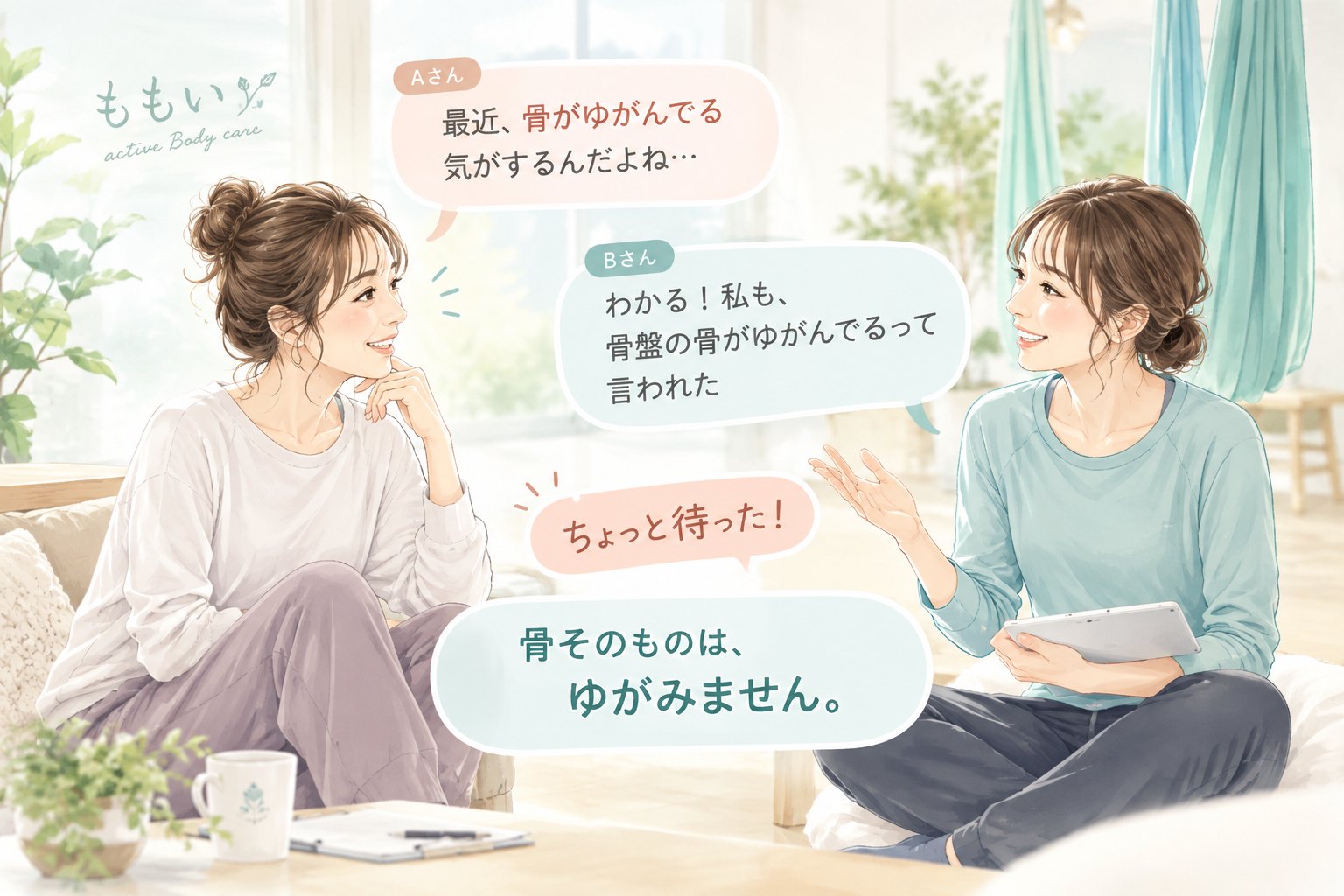 Aさん「最近、骨がゆがんでる気がするんだよね…」Bさん「わかる！私も、骨盤の骨がゆがんでるって言われた」ちょっと待った！骨そのものは、ゆがみません。